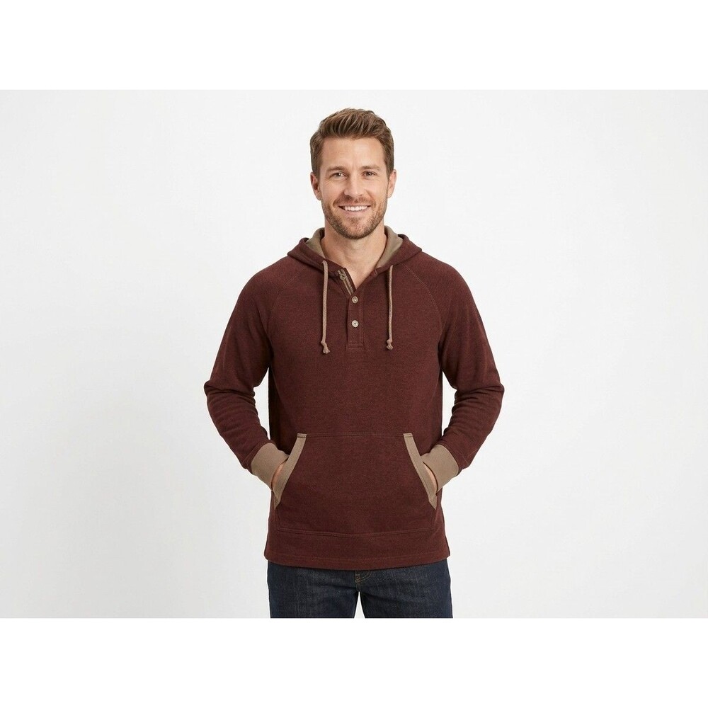 Duluth Trading Co Mens L Henley Hoodie Sweatshirt Doubletime Mahogany Brown 8830